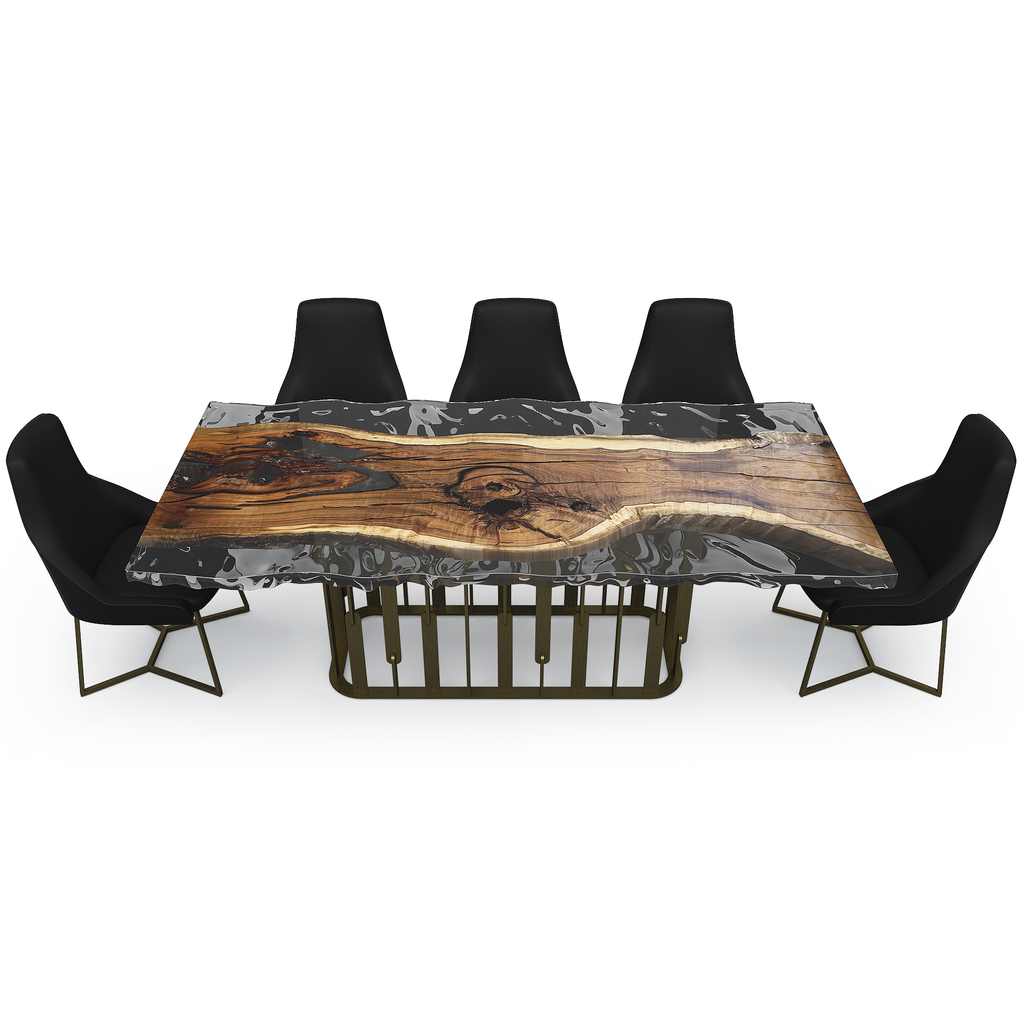 Arion Walnut Wavy Dining Table with live-edge wood and resin, black upholstered chairs