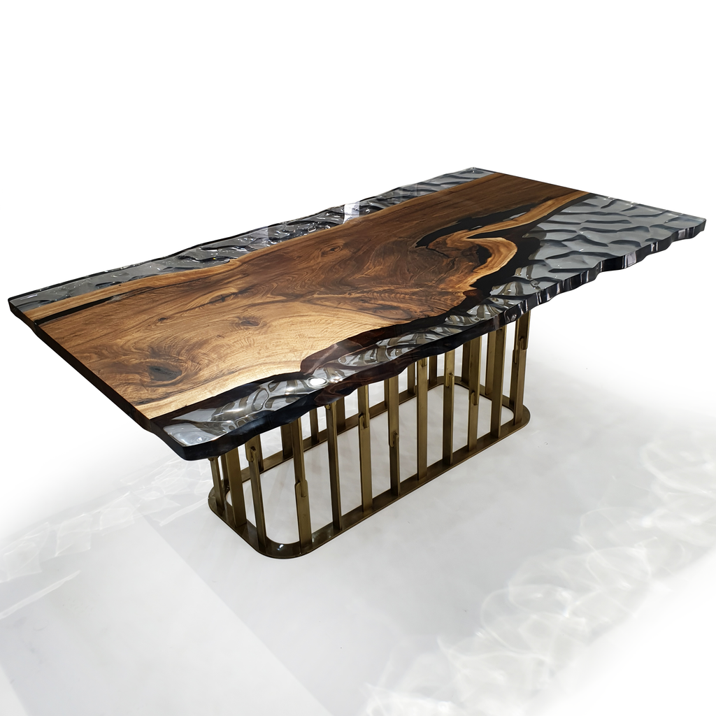 Arion Walnut Wavy Dining Table with river-style epoxy resin and bronze cage base