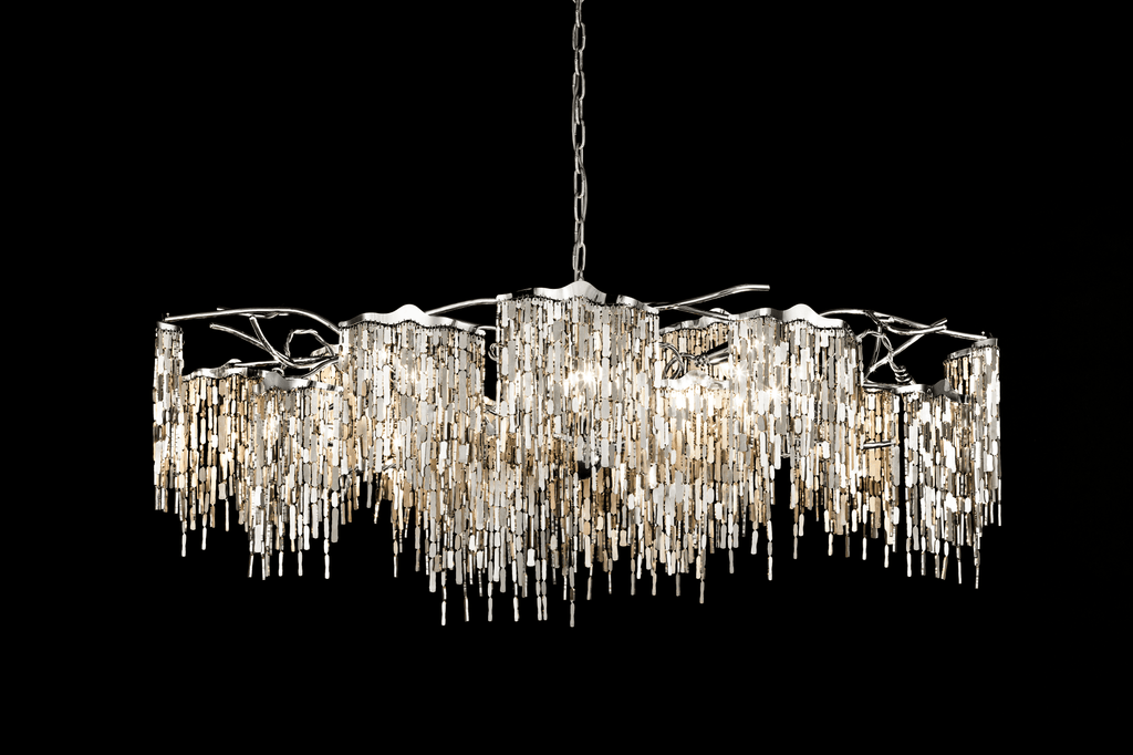 Arthur Chandelier Oval with clear glass rods hanging from a silver-toned frame