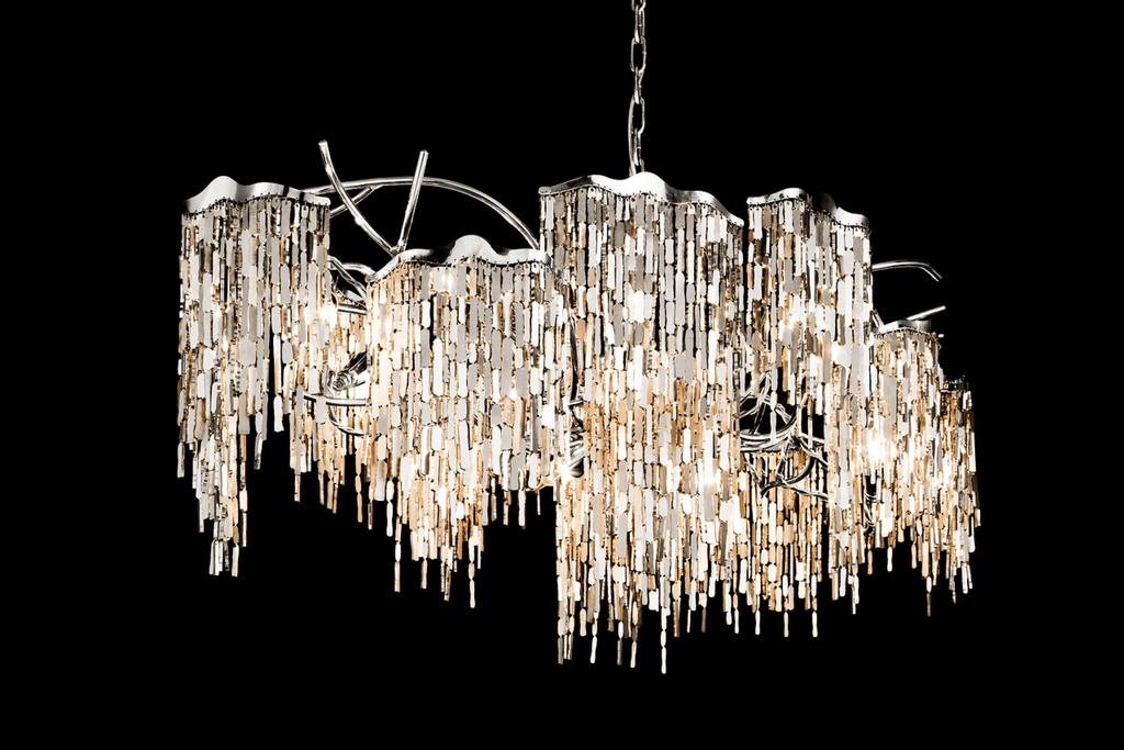 Arthur Chandelier Oval featuring chrome finish and dangling rectangular glass crystals