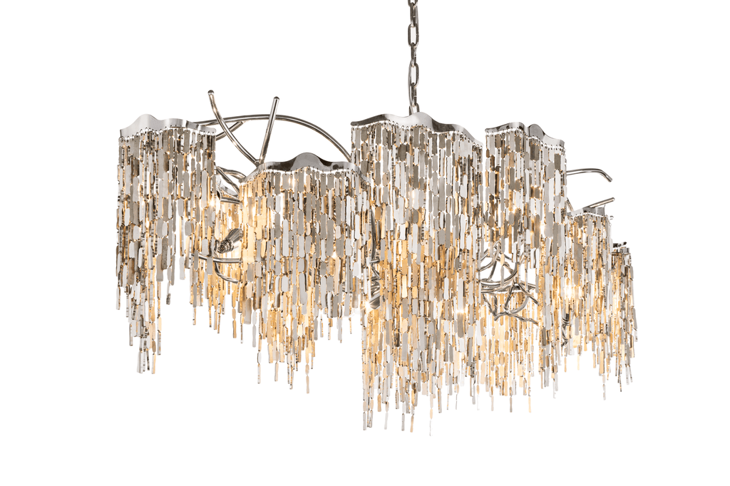 Arthur Chandelier Oval featuring a chrome frame and cascading rectangular glass rods