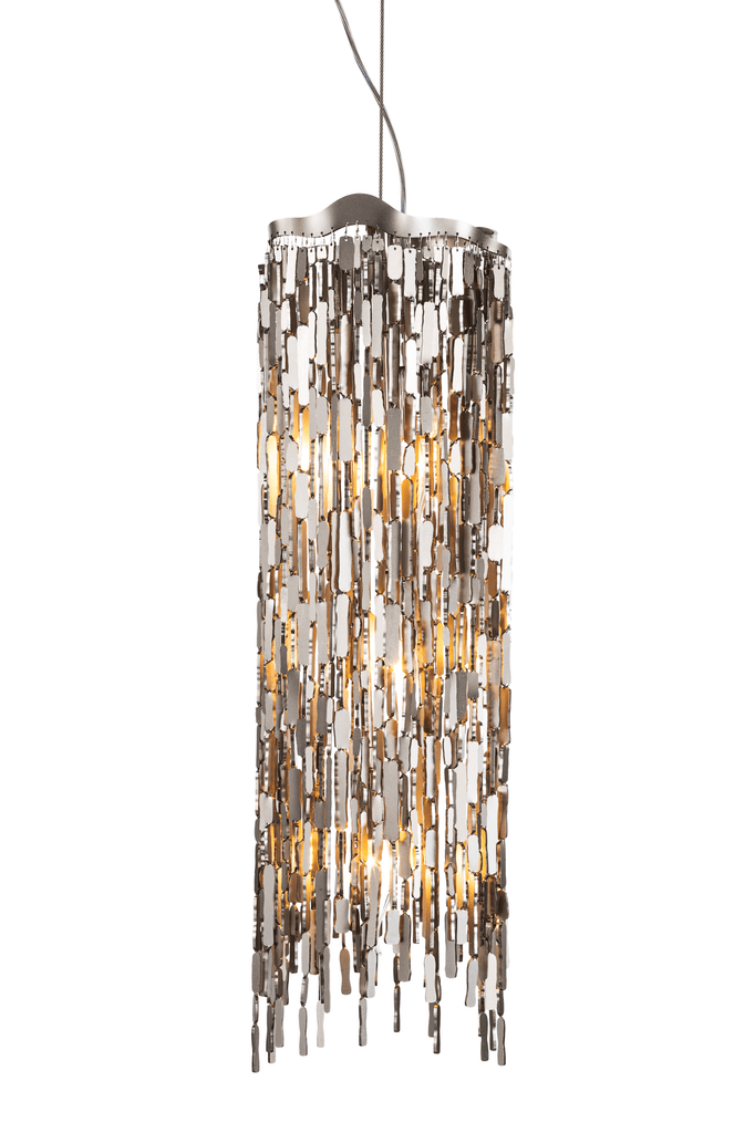 Arthur Hanging Lamp with tall cylindrical design and shimmering metallic waterfall effect