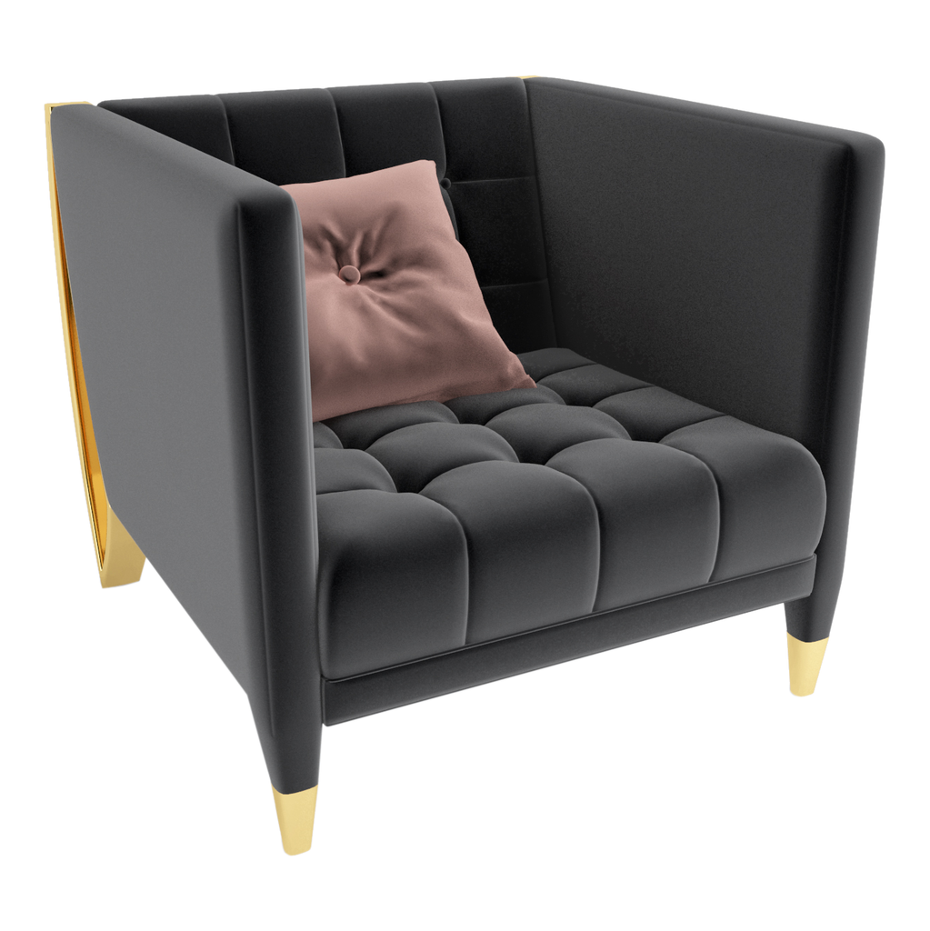 Ascot Chair plush dark gray tufted armchair with pink pillow and gold trim accents