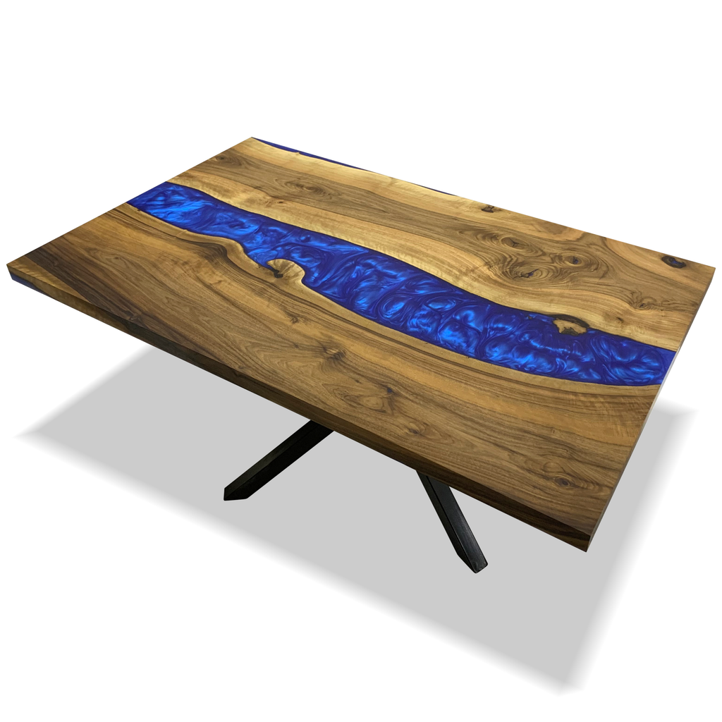 Astrea Walnut Wood River Dining Table with blue resin river design on walnut wood surface