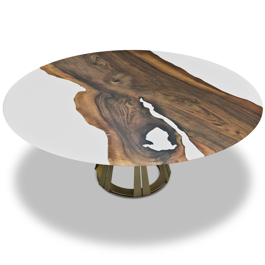 White Atalante Walnut Wood Round Dining Table with live-edge wood and bronze base