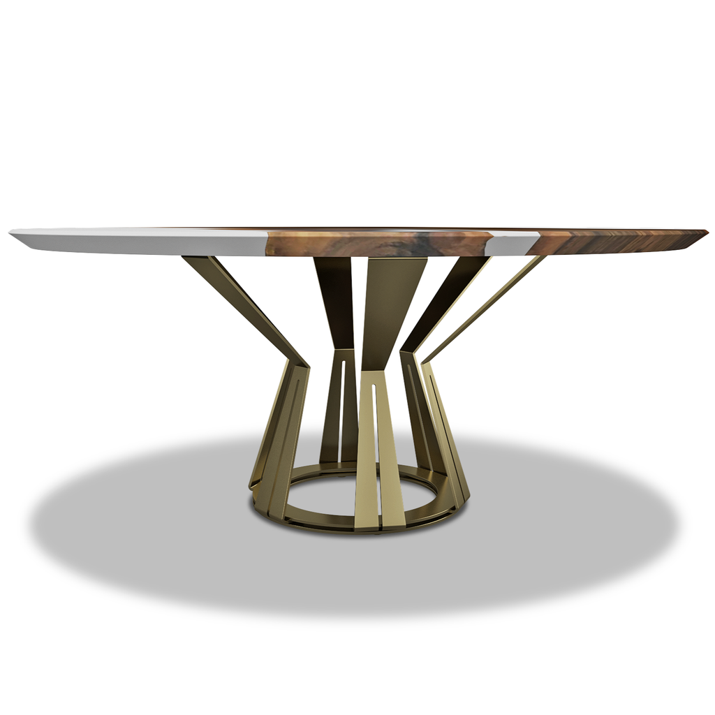 Modern White Atalante Walnut Wood Round Dining Table with multi-toned walnut and bronze base