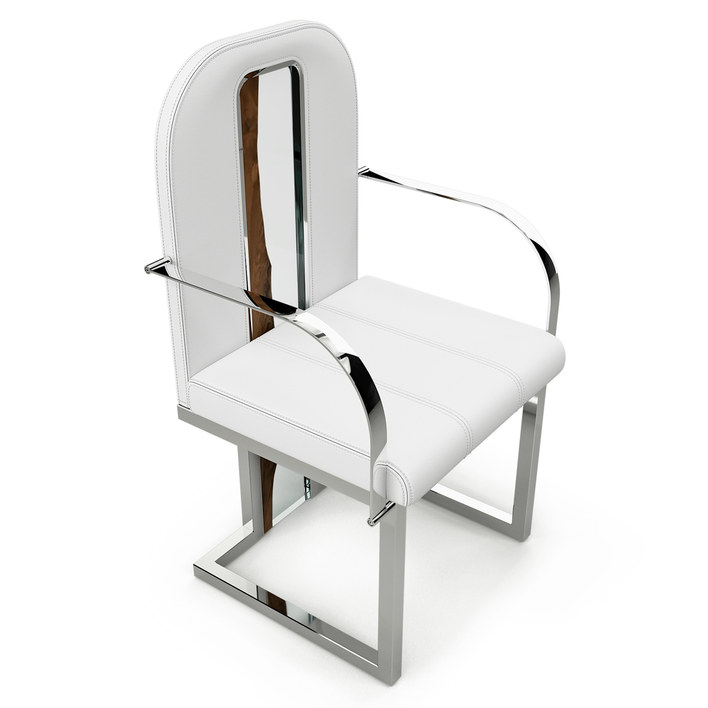Atrani Dining Chair with white leather, chrome accents, and U-shaped legs for stylish dining