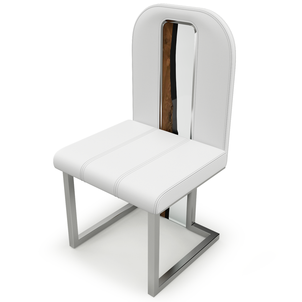 Atrani Dining Chair with white upholstery, high back, metal frame, and reflective panel
