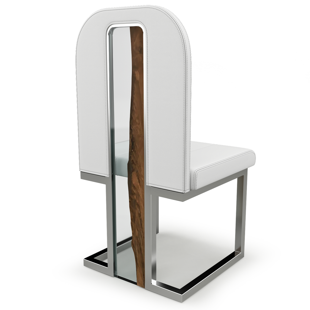 Atrani Dining Chair with white upholstery, metal frame, and natural wood backrest