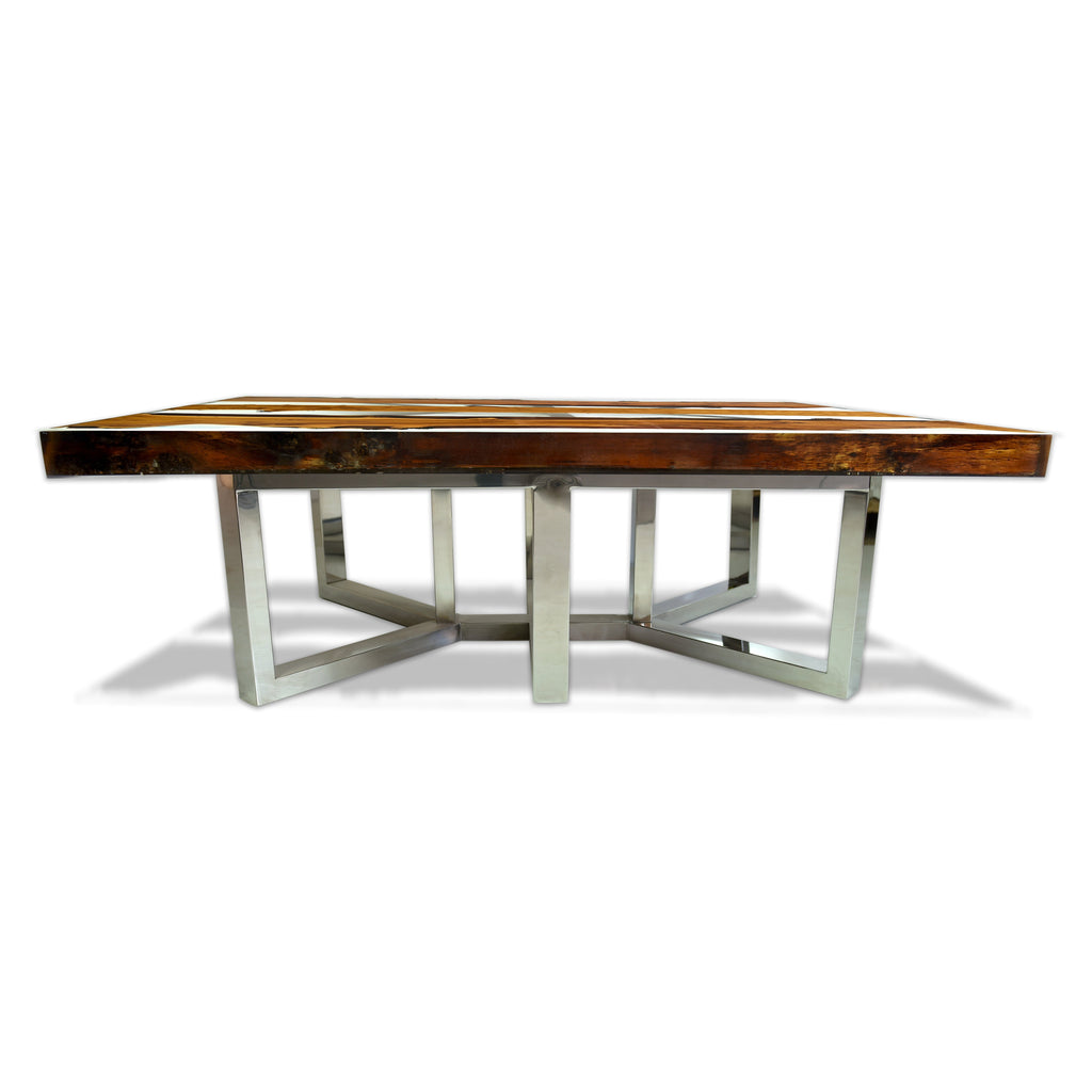 Attis Silverberry Wood Coffee Table with light and dark wood planks and metal X supports