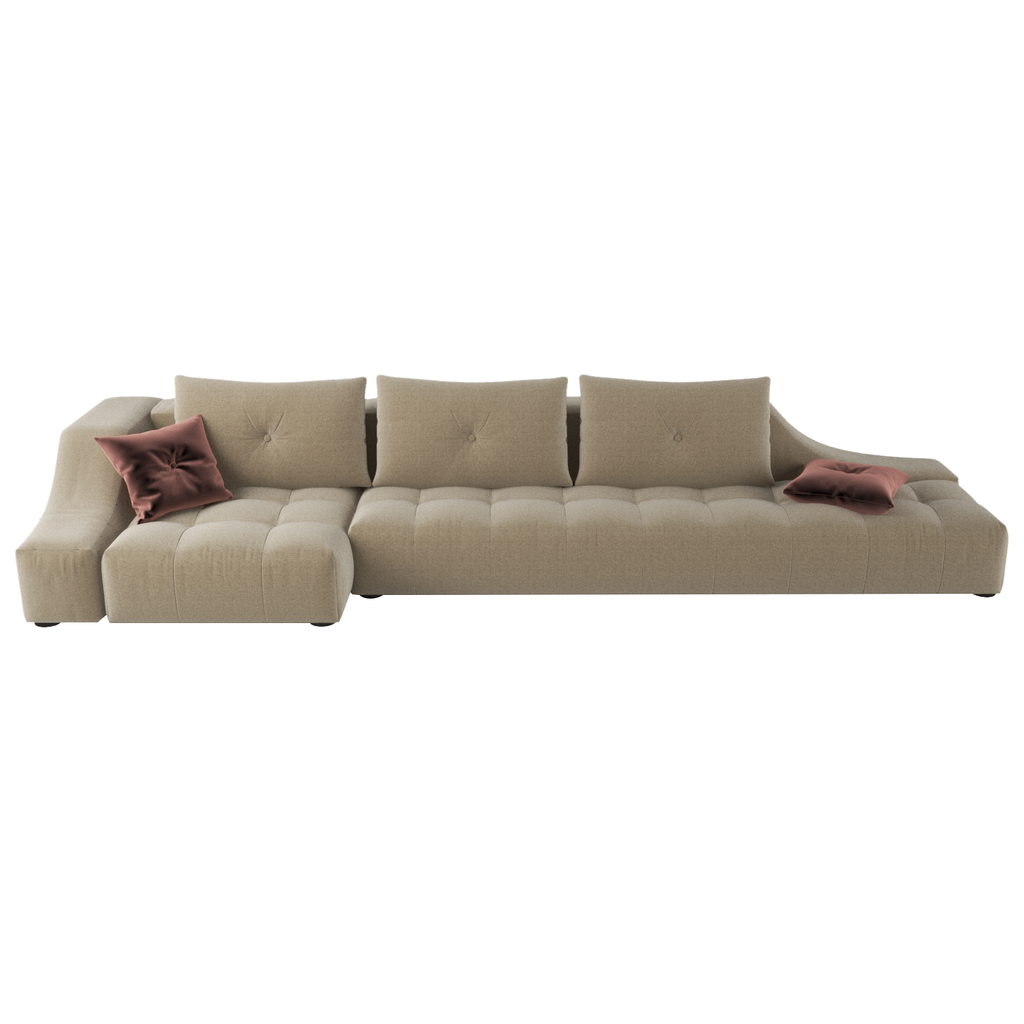 Light-beige Azure Sofa with four back cushions, decorative pillows, and tufted seats