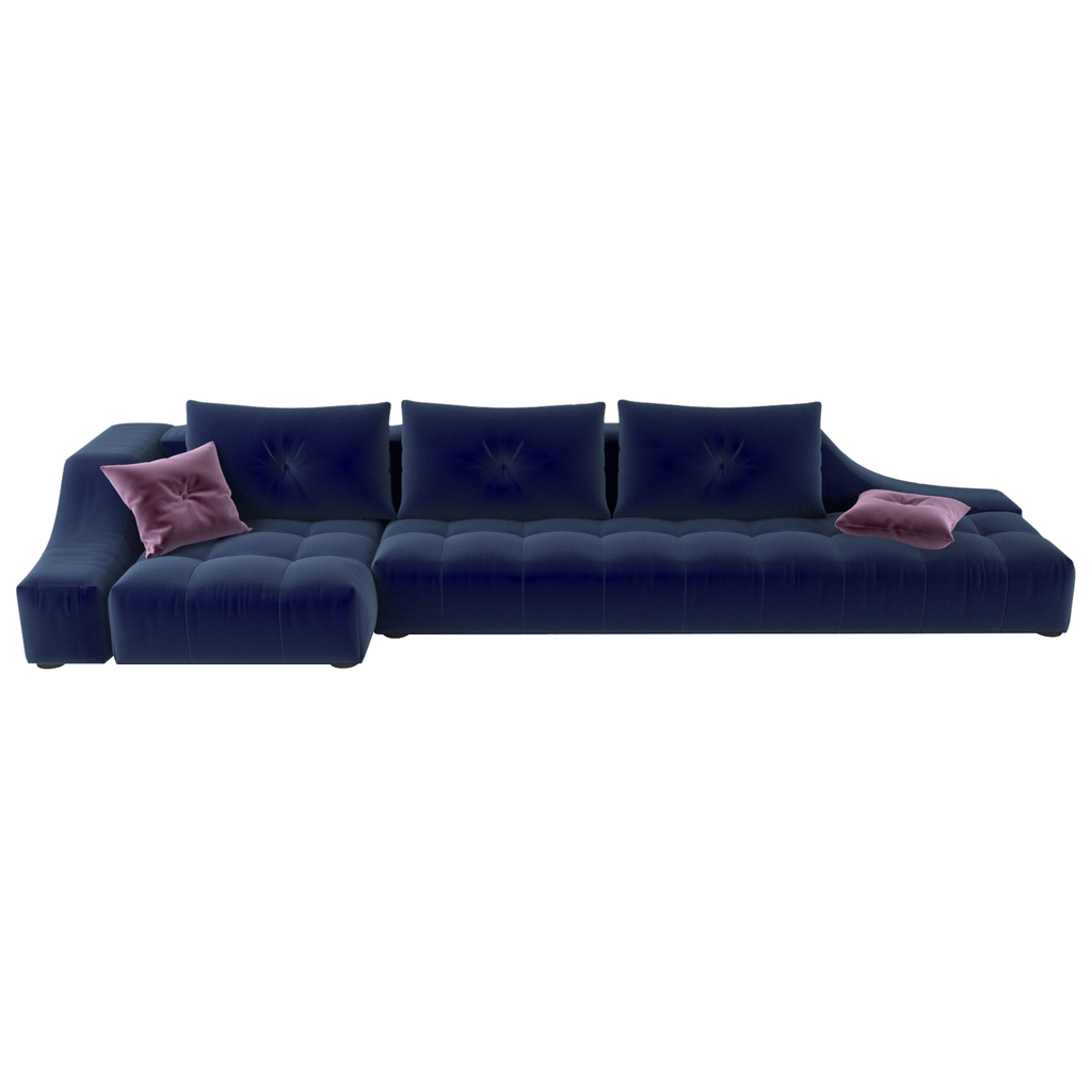 Azure Sofa: Dark blue sectional with three back cushions and two purple throw pillows