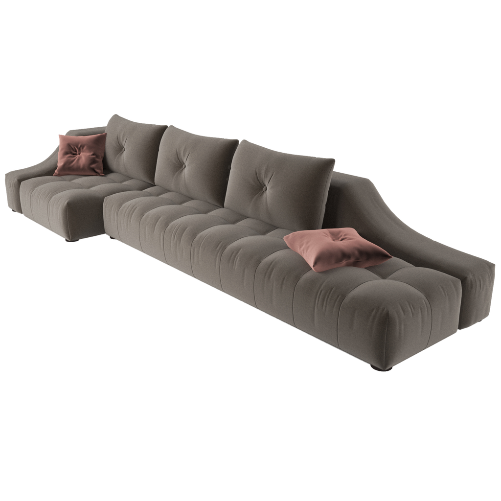 Azure Sofa L-shaped sectional with tufted cushions and pink throw pillows