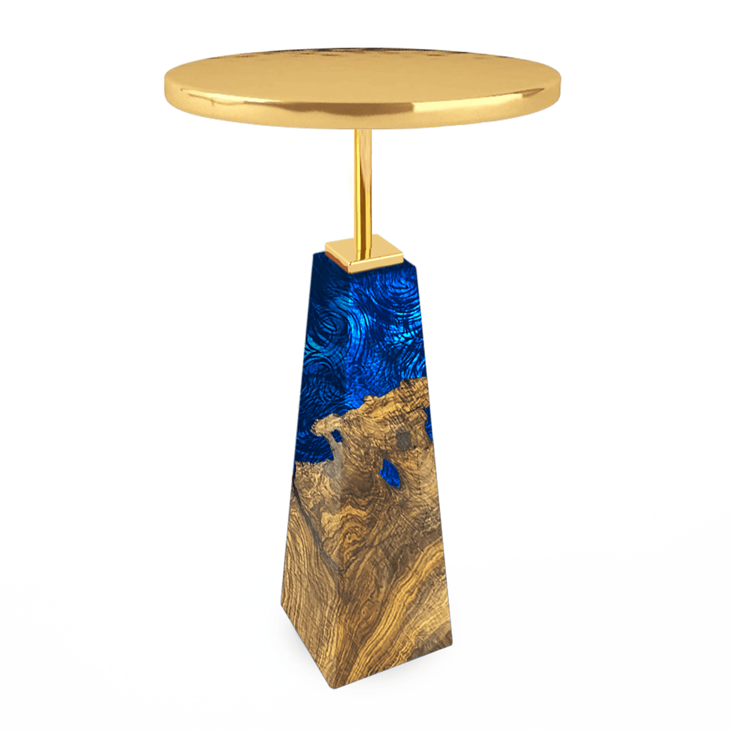 Bia End Table with round gold top, natural wood base, and blue resin accents