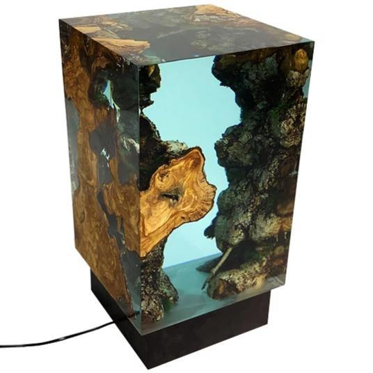 Big Ocean Cube Lamp with clear resin and embedded wood and bark pieces