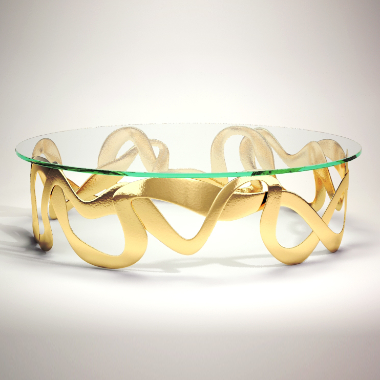 Bijoux Round Coffee Table with glass top and gold wavy sculptural base