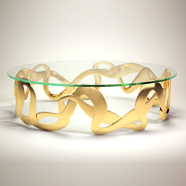 Bijoux Round Coffee Table with round glass top and ornate gold-colored metal base