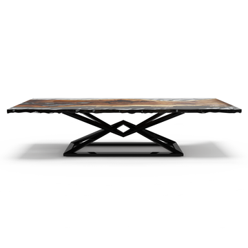 black abruzzo walnut wood wavy dining table, wavy dining table, live edge dining table, walnut dining table, resin dining table, modern dining table, black dining table, powder-coated steel dining table