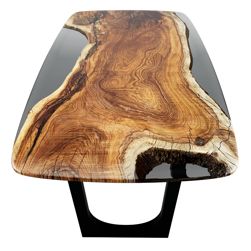 Battleship Gray Carna Walnut Dining Table with live-edge wood and resin river design