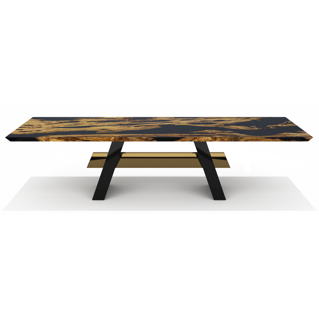 black erigon olive wood dining table, modern dining table, olive wood dining table, resin dining table, jet black resin dining table, bronze stainless steel dining table, polished bronze stainless steel dining table, glossy dining table, sleek dining table, sophisticated dining table, olive wood and steel dining table, dining table for 6-8 people