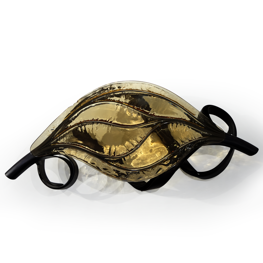 Wall sconce with gold leaf-shaped glass shade and black metal scrollwork for Black Ivy Coffee Table