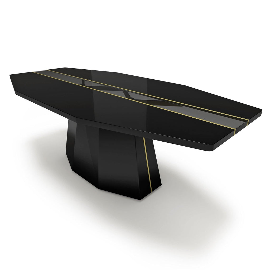 Black Line River Dining Table with sleek polygonal black top and gold accents