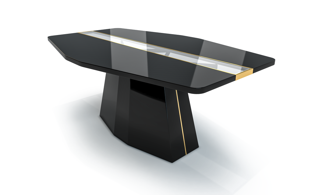 Glossy black line river dining table with glass insert and gold accents
