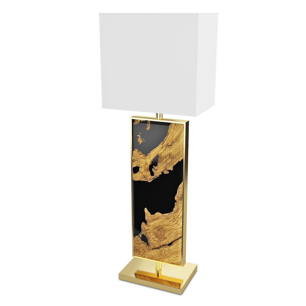 Black Menthe Table Lamp with body framed black resin and natural wood design
