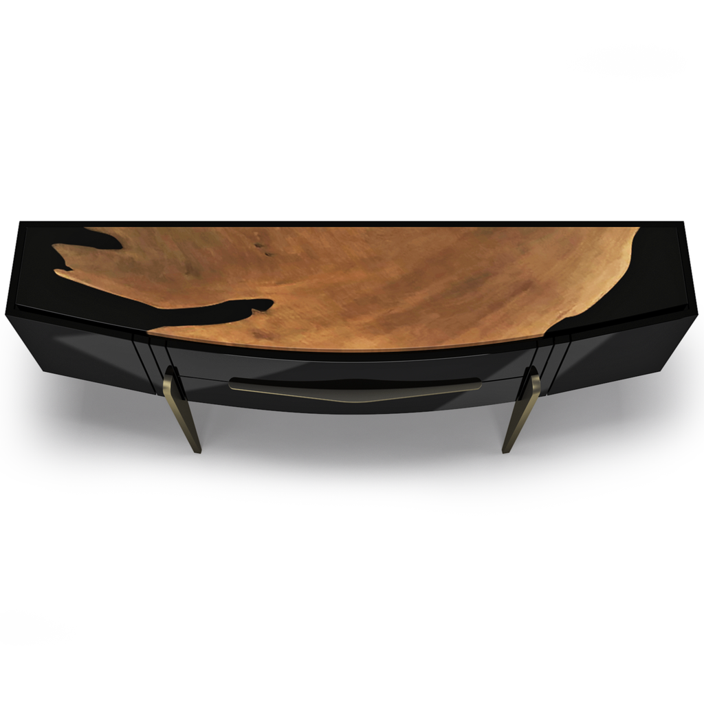 Black Padua Console with glossy black body, live-edge wood and resin top, brass legs