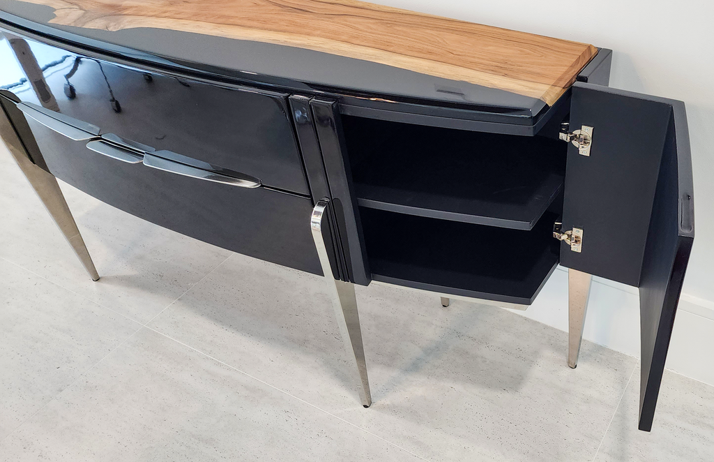 Black Padua Console with glossy black body and live-edge wood top for modern decor