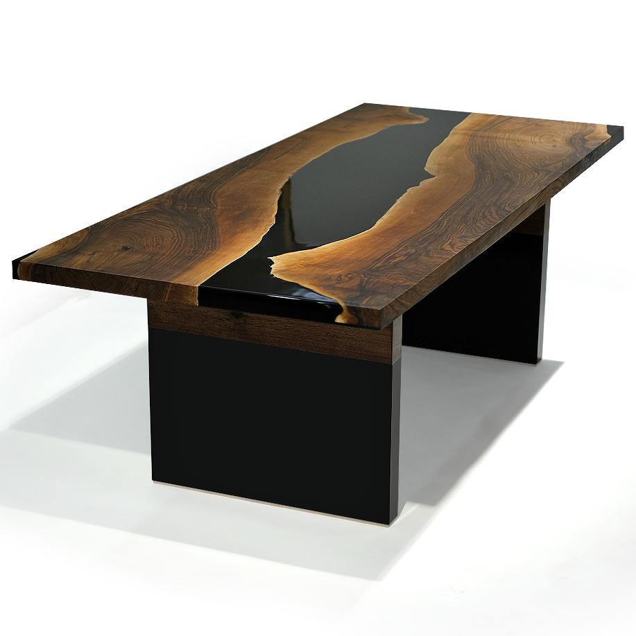 Black Thyria River Walnut Dining Table with live edge wood and black resin river design