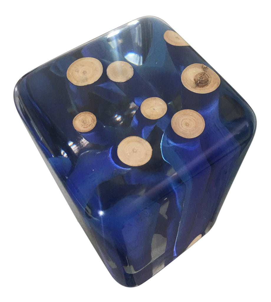 Translucent indigo resin Blue Branches Cube with embedded light-colored wooden branches