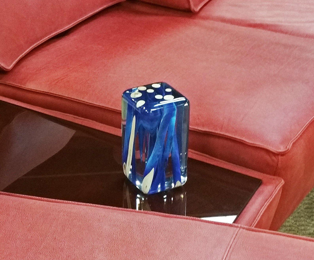 Blue and white glass paperweight with abstract design, Blue Branches Cube