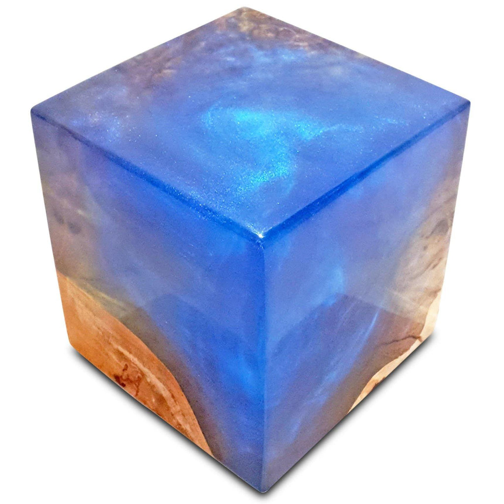 Polished Blue Decorative Cube with swirling blue resin and natural wood base