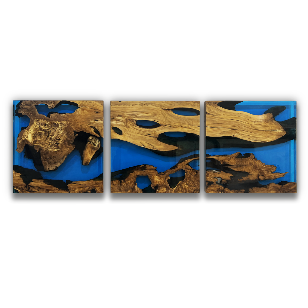 Blue Phaetusa Olive Wall Art set with natural olive wood and blue resin accents