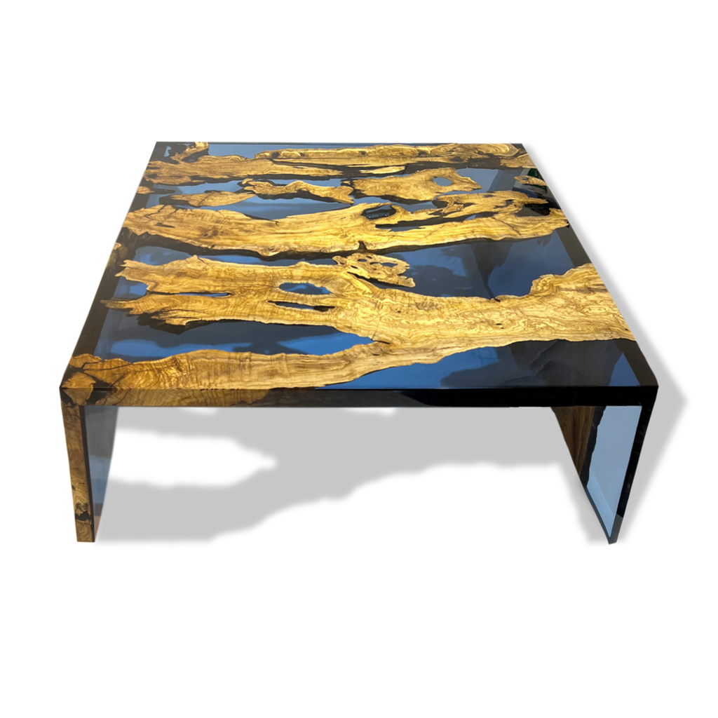 Blue Waterfall Olive Coffee Table with blue resin and gold wood slab top