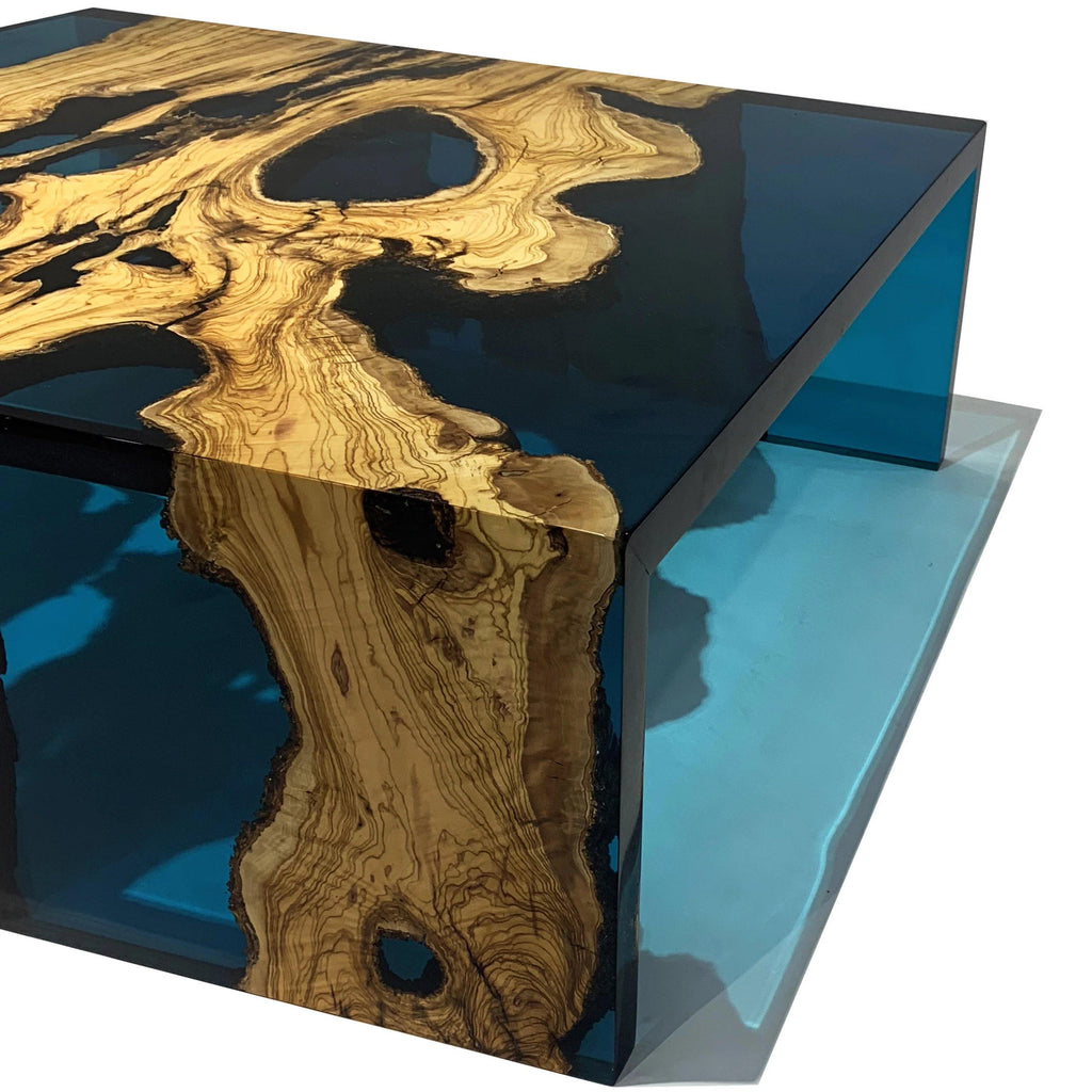 Blue Waterfall Olive Coffee Table featuring live-edge wood and blue resin design