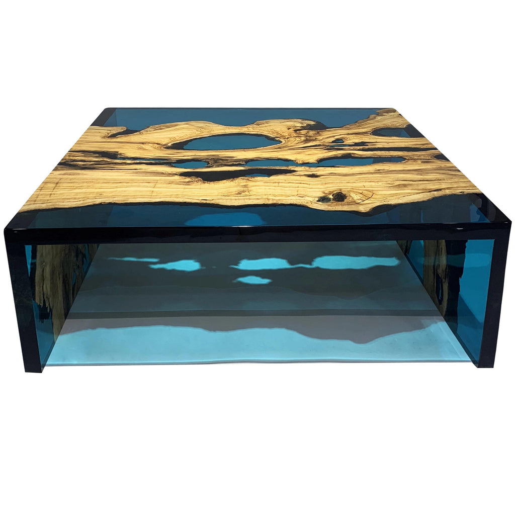 Blue Waterfall Olive Coffee Table with natural wood and blue resin top and clear acrylic legs