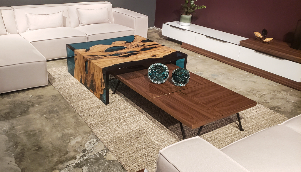 Modern living room with Blue Waterfall Olive Coffee Table and unique wood resin coffee table