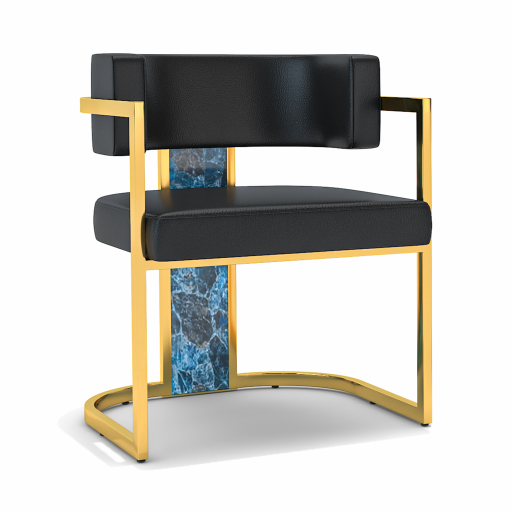 Black Matera Dining Chair with black leather, gold frame, and blue marbled accents