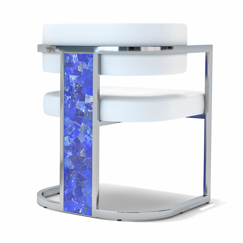 Contemporary side table with chrome frame, white tiers, and blue mosaic panel for White Matera Dining