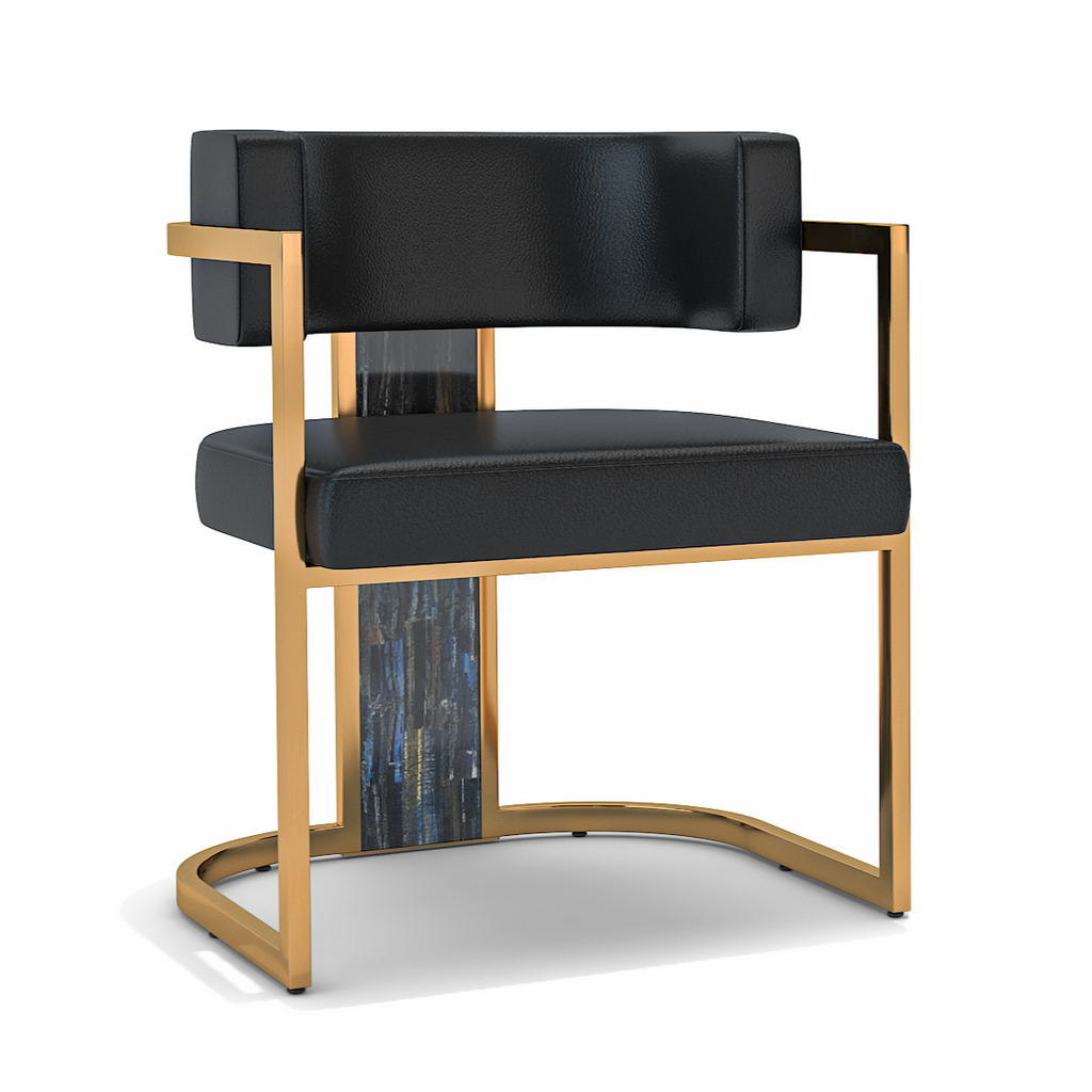 Black Matera dining chair with black upholstery, gold frame, and dark blue patterned accent panel