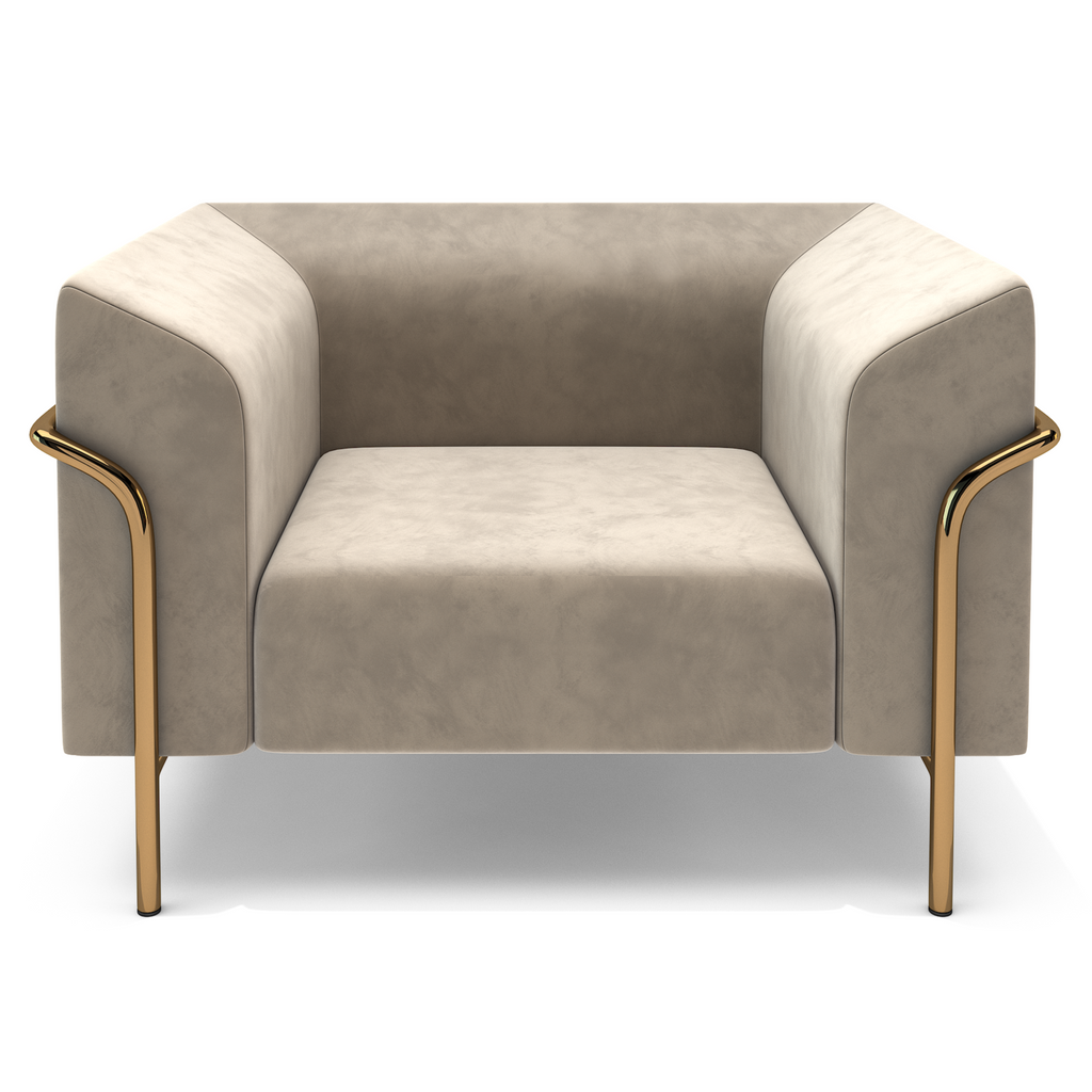 Phobos Accent Chair with beige velvet upholstery and gold-finished metal legs