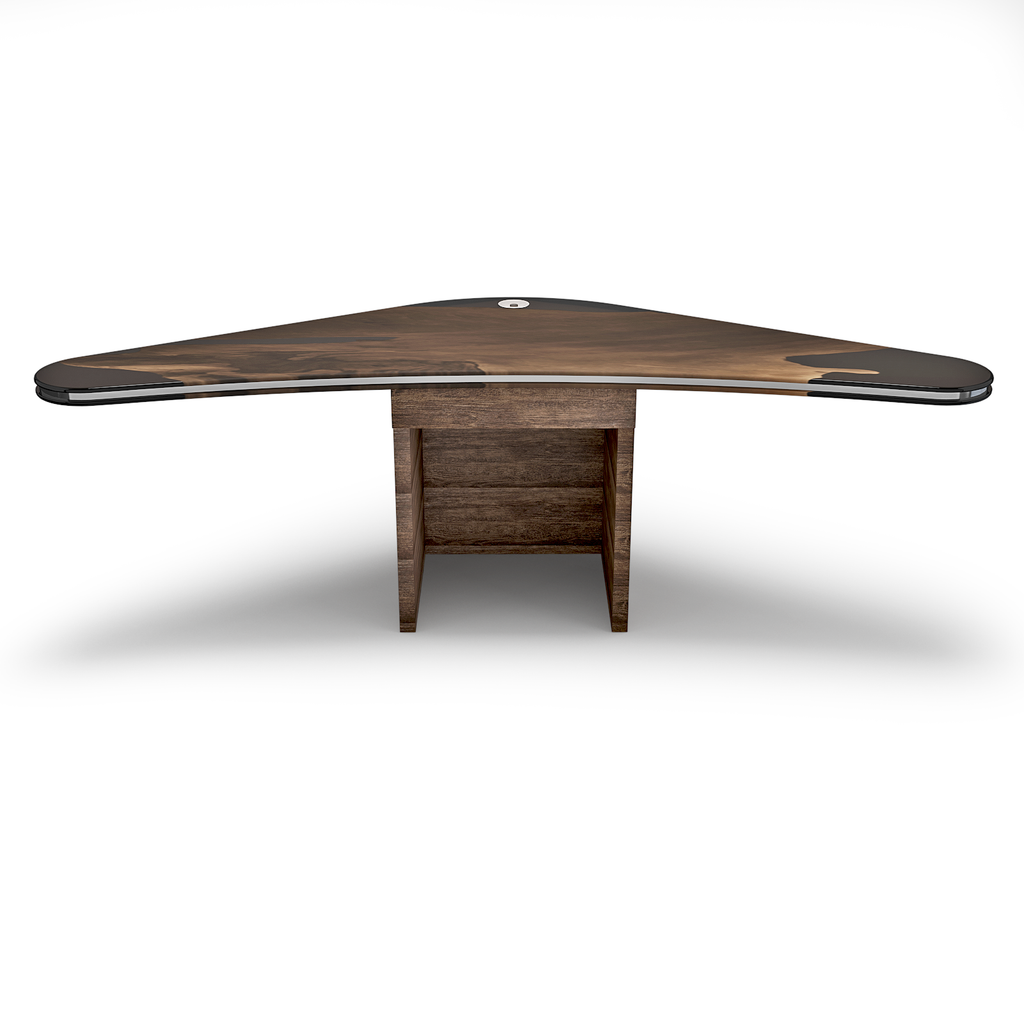 Modern boomerang walnut wood desk with dark-toned triangular top and rectangular base