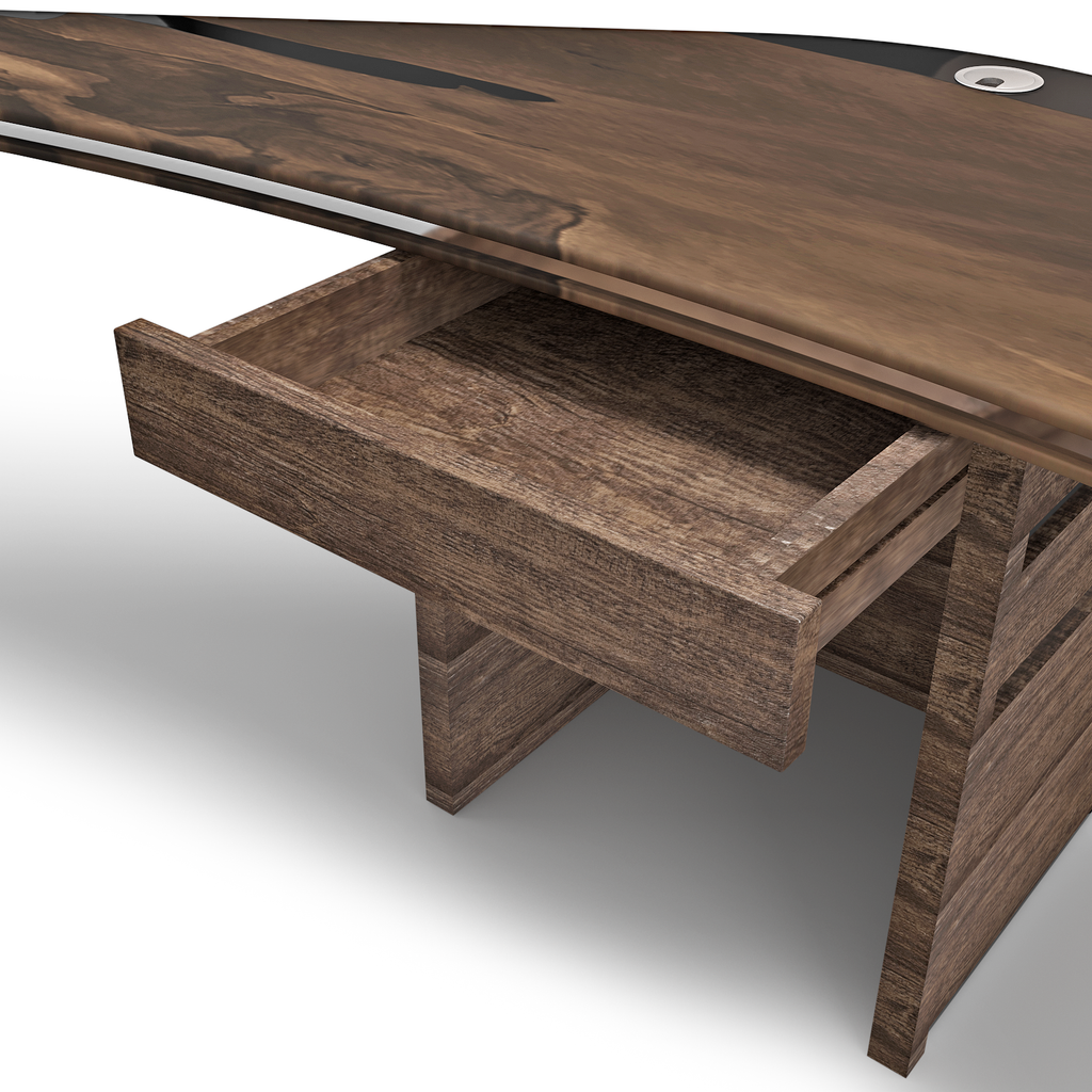 Wooden Boomerang Walnut Wood Desk with dark top and open drawer for stylish workspace