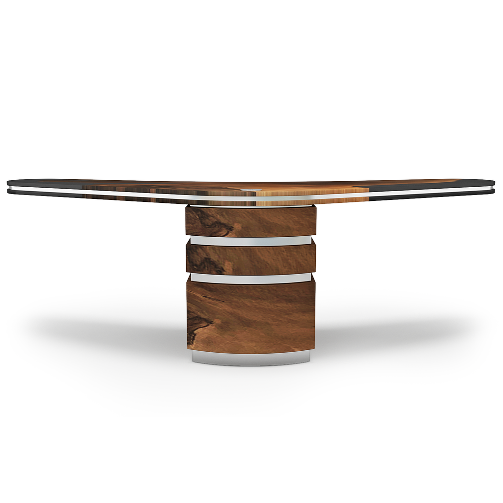 Modern Boomerang Walnut Wood Desk with dark oval top and natural wood base