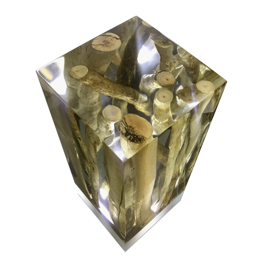 Clear resin branches cube table lamp showcasing natural wood and branches for elegant decor