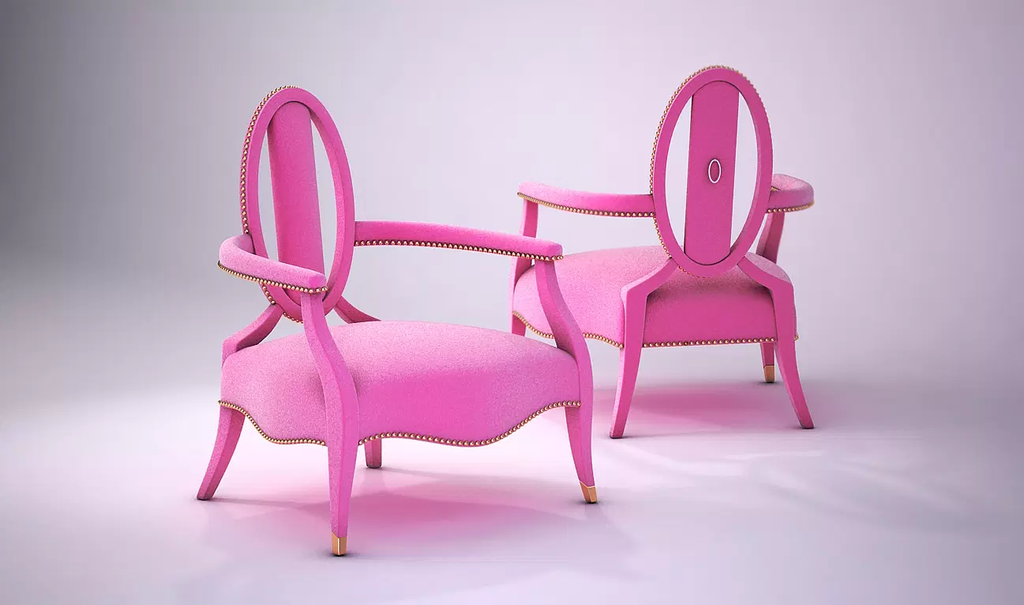 Elegant Braxton Chair with hot pink velvet upholstery and gold studded trim