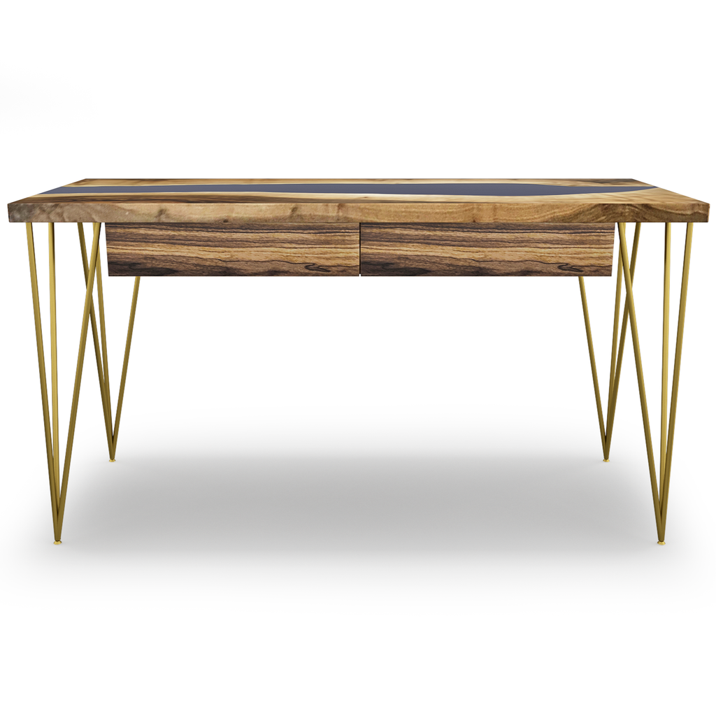 Navy Blue Brontes Walnut Wood River Desk - ARDITI COLLECTION®