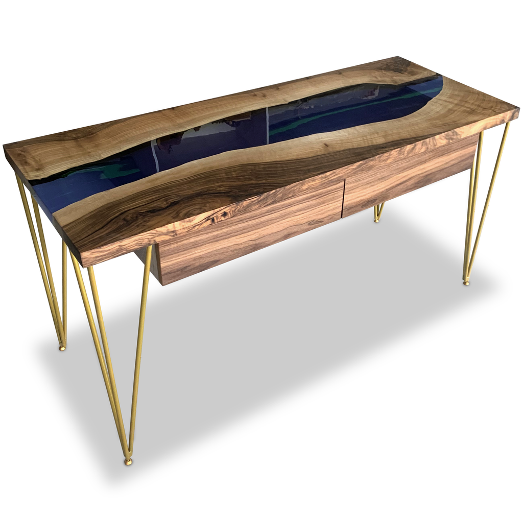Navy Blue Brontes Walnut Wood River Desk - ARDITI COLLECTION®